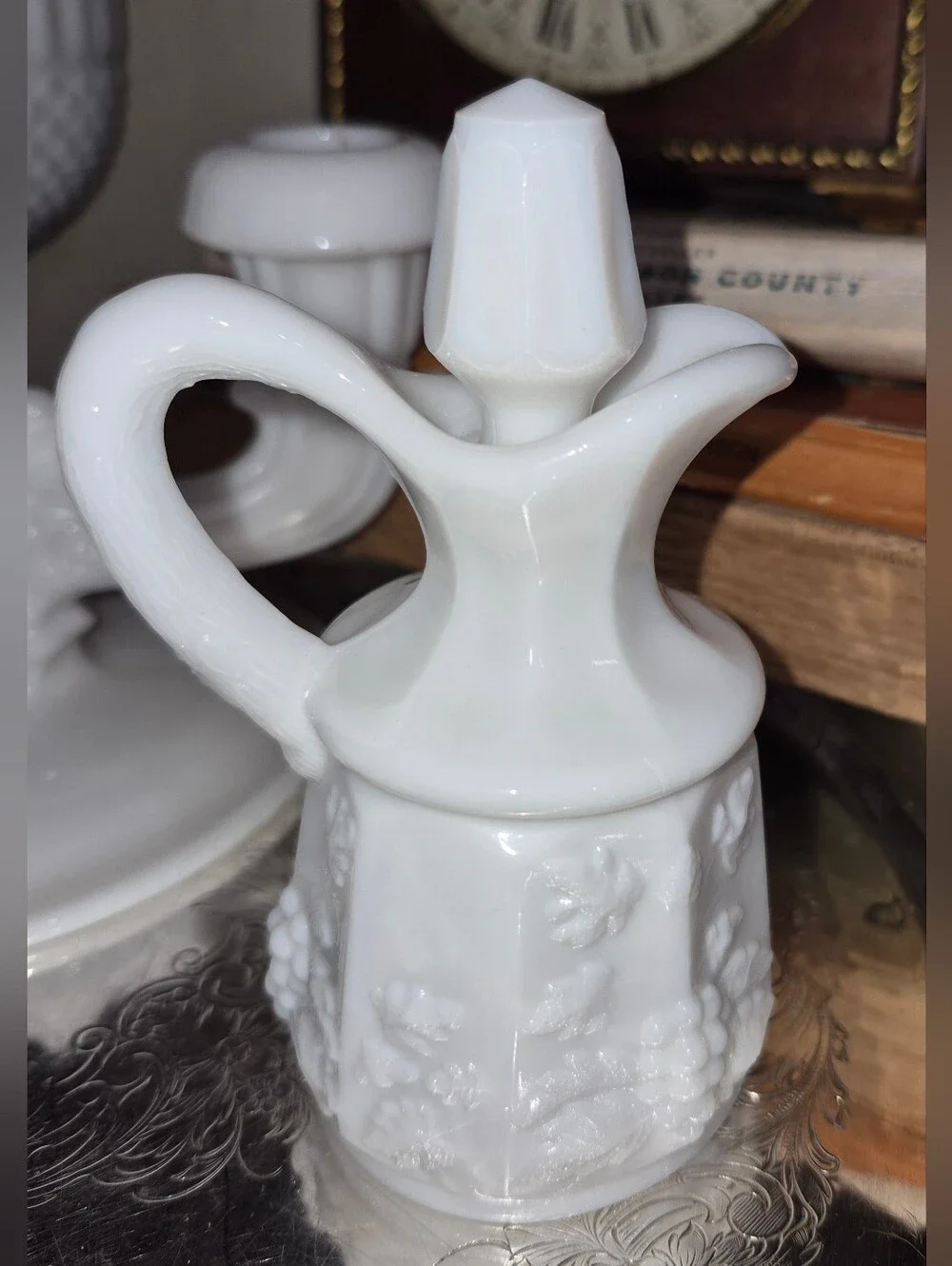 Vintage Westmoreland Paneled Grape Milk Glass Cruet with a matching stopper